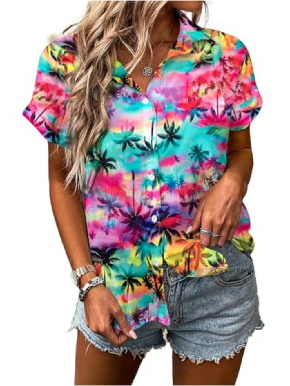 Women's Hawaiian Button Up Shirt Tropical Print Chiffon Short Sleeve
